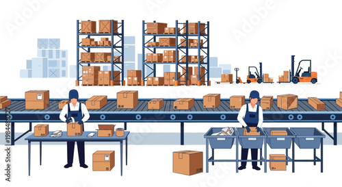Warehouse workers packing boxes on conveyor belts with forklifts and shelves