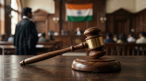 A legal courtroom scene featuring a wooden gavel and the flag of India.