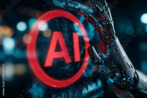 Cautionary signs: exploring ai and human boundaries. Smart analytics. Hands holding a restriction sign with ai inside against a blue backdrop. Intelligent screens. Digital analytics.