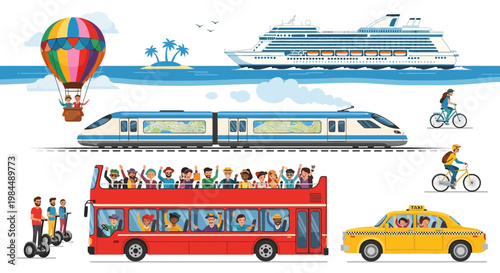 Diverse Transportation Methods: Cruise Ship, Train, Bus, Bike, Taxi, Hot Air Balloon