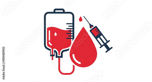 Blood donation bag and syringe medical illustration.