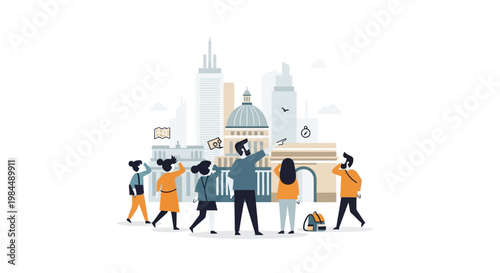 Diverse group of tourists exploring iconic city landmarks, flat design illustration
