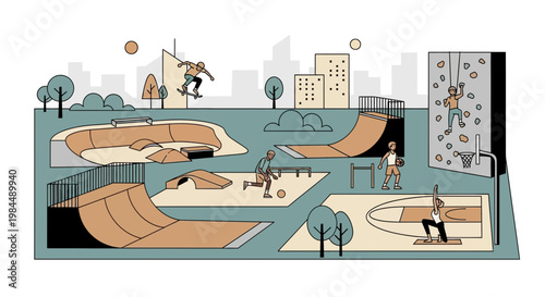 Urban Skatepark and Sports Complex with Skateboarders, Climbers, Basketball, and Fitness