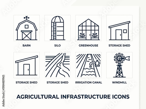 Minimal line silhouette icons of farm buildings and infrastructure in clean outline style.