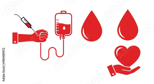 Blood donation icons representing transfusion and care.