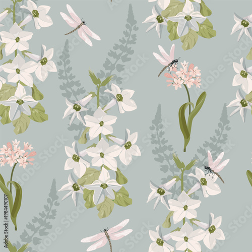 Seamless vector illustration of wildflowers and dragonflies on a gray background. Perfect for decorating textiles and packaging.