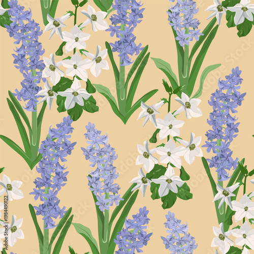 Seamless vector illustration featuring wildflowers against a beige background, perfect for decorating textiles and packaging.