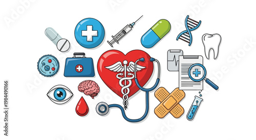 Healthcare & Medical Icons: Heart, Stethoscope, DNA, Syringe, Pill, Brain, Eye, Tooth
