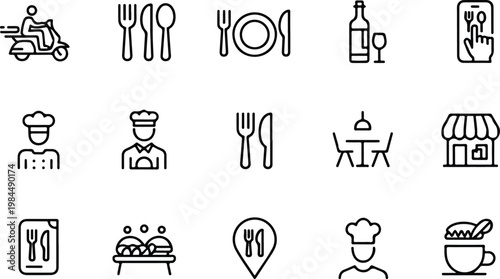 Clean vector illustration collection of food service icons including delivery utensils chef waiter and restaurant symbols in simple grid layout