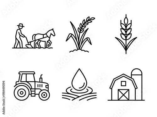 Minimal monoline icons of farming elements with clean outline vector style.