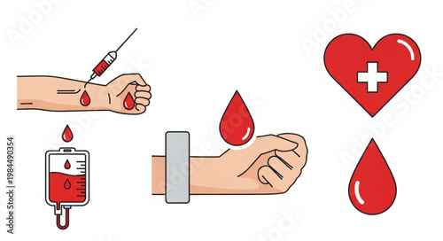 Blood donation medical healthcare symbols and icons.