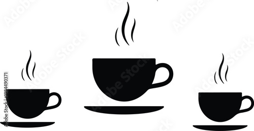 Clean vector coffee cup icon set featuring identical steaming cups with saucers in symmetrical grid layout simple monochrome design