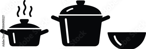 Clean vector kitchen cookware icon set featuring pots with steam and bowl in simple monochrome silhouette style arrangement