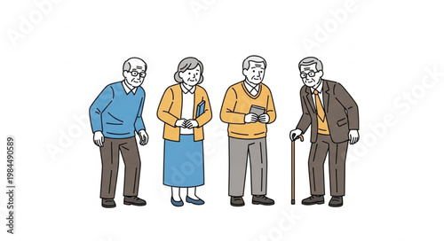 Four elderly people standing together in a group illustration.