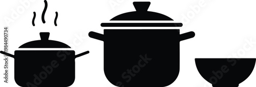 Clean vector kitchen cookware icon set featuring pots with steam and bowl in simple monochrome silhouette style arrangement
