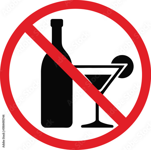 No alcohol allowed sign featuring cocktail glass and bottle vector graphic illustration for restriction and warning symbol