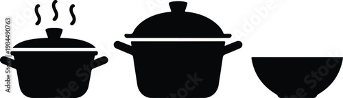 Clean vector kitchen cookware icon set featuring pots with steam and bowl in simple monochrome silhouette style arrangement