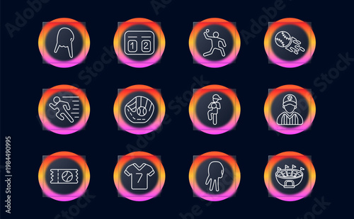 Baseball sport competition set icon. Linear athletics collection with glove catch, scoreboard inning, pitcher throw, baseball speed, running player, catcher mitt ball, athlete run, referee umpire