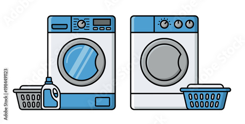 Vector illustration of modern washer and dryer appliances with laundry basket and detergent bottle for domestic cleaning and household chores concept
