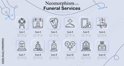 Funeral set icon. Wreath, calendar, coffin, grave, mirror, candle, tombstone, monument, flowers, memorial, burial, ceremony, mourning, remembrance, ritual service.