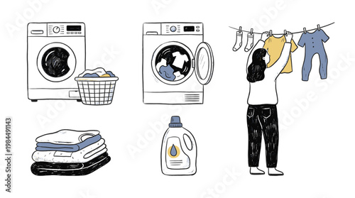Hand drawn laundry room vector set with washer, dryer, detergent bottle, basket, folded garments, and woman hanging clothes for domestic chores concept.