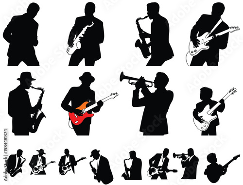 Musician Silhouette Icons, Jazz Band Guitar Saxophone Trumpet Players Vector Set