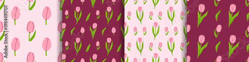 Vector set of seamless patterns with cute tulip flowers on pastel pink and deep burgundy backgrounds. Tulip buds prints for spring wallpaper, textile, wrapping paper and romantic floral design.
