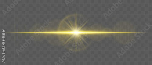Abstract glowing energy burst with radiant light waves and horizontal beam, lens flare effect with soft diffusion and subtle particles on transparent background