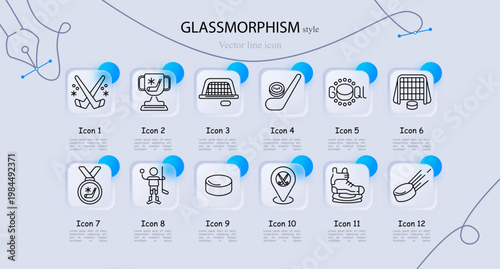 Hockey sport set icon. Crossed sticks puck, champion trophy, goal net, hockey stick puck, goalie mask, net goal, medal award, hockey player, ice puck, rink location, ice skate