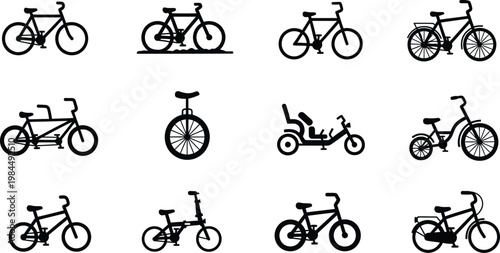 Diverse collection of bicycle silhouettes including unicycle tandem tricycle and mountain bike icons