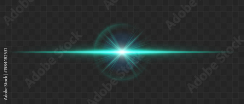 Abstract glowing energy burst with radiant light waves and horizontal beam, dynamic lens flare effect with sparkling particles and soft diffusion on transparent background
