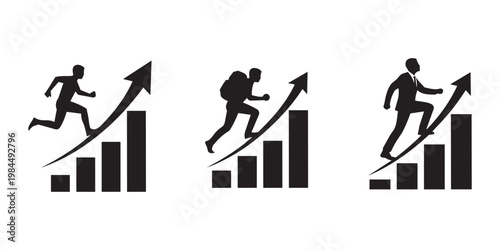 Business Success and Career Advancement Icons with Hiker and Businessman Climbing Growth Chart