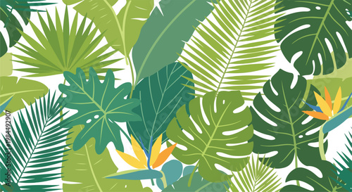 tropical leaf pattern with monstera and palm fronds in green foliage