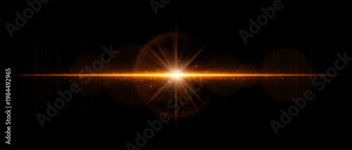 Abstract glowing energy burst with radiant light waves and horizontal beam, dynamic lens flare effect with sparkling particles and subtle motion on dark background