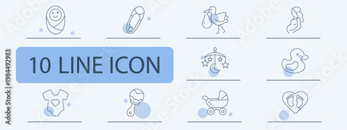 Pregnancy baby set icon. Swaddle safety pin stork pregnant mobile toy duck clothes rattle stroller footprint newborn childcare objects.