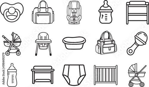 An assortment of essential baby items in minimalist monochrome, ideal for parenting content, embodying simplicity and functionality.