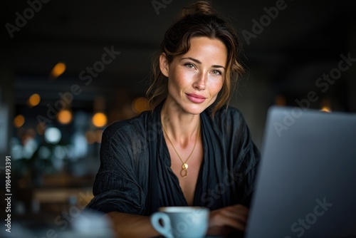 Wallpaper Mural Young business woman working on laptop in cafe with natural light Torontodigital.ca
