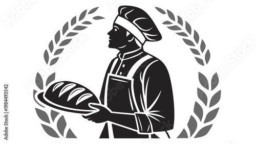 Professional Baker Silhouette Vector Icon – Male Chef Holding Fresh Bread Loaf Isolated