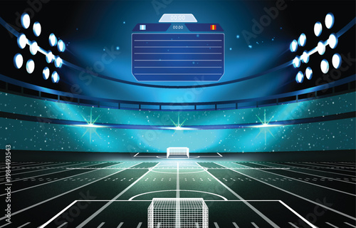  Football 2026 stadium scoreboard template background with floodlights and goal perspective view