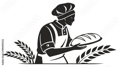 Professional Baker Silhouette Vector Icon – Male Chef Holding Fresh Bread Loaf Isolated