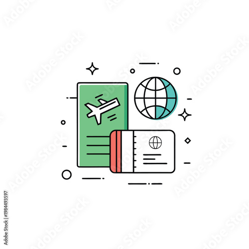 A vector graphic illustration of a passport, boarding pass, and globe, symbolizing travel and adventure.