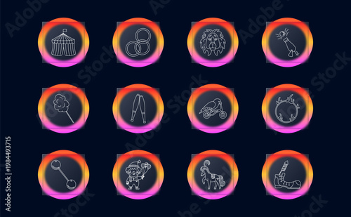 Circus entertainment set icon. Linear performance show collection with circus tent, rings juggling, lion, cannon stunt, cotton candy, stilts walker, motorcycle stunt, flaming hoop