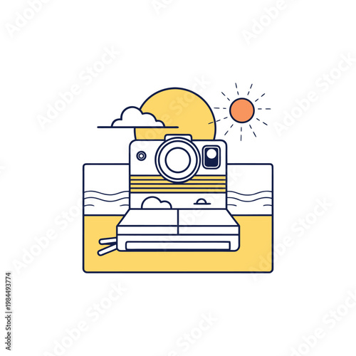 A vector graphic illustration of a polaroid camera on a beach with a sunny background