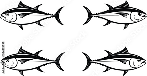Clean hand drawn vector fish set featuring three stylized tuna swimming in diagonal formation with streamlined bodies and sharp fins
