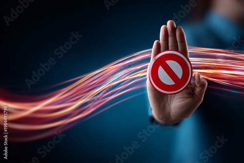 Blocking progress? hands signaling ai refusal. Network communication. Enhanced tech imagery: hands grasping ai rejection symbol in digital network. Digital signals. Communication lines.