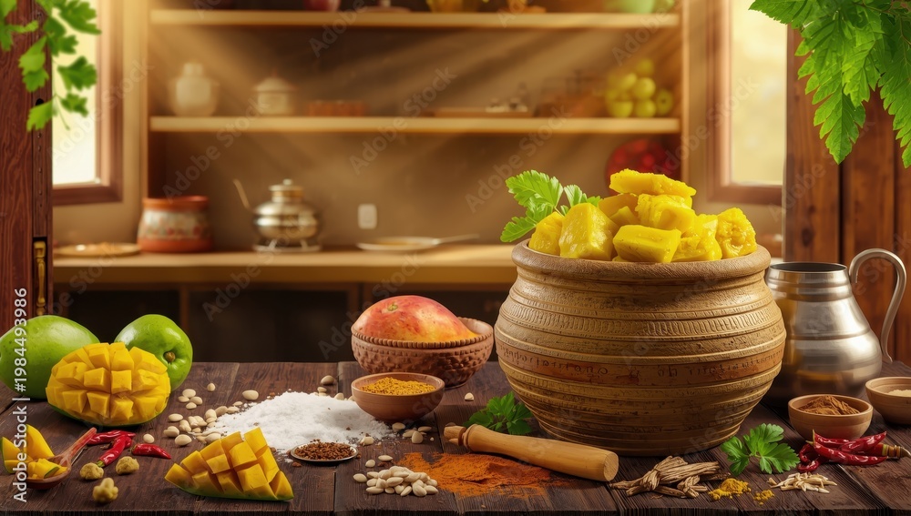 Obraz premium Homemade mango relish or kairi loncha with components.