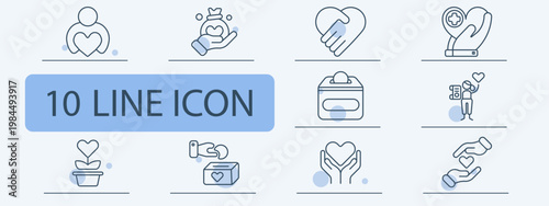 Charity support set icon. Person heart hand help care donation box volunteer aid plant gift giving support community service.