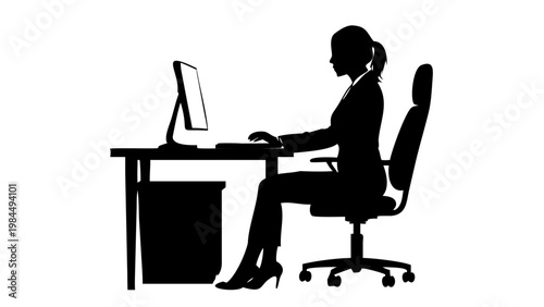 Businesswoman Working at Desk with Computer Silhouette Vector Icon