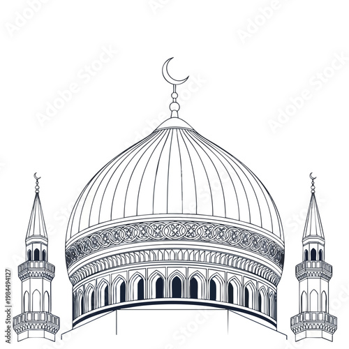 Stylized Illustration of an Elegant Mosque Dome and Minarets for Religious and Cultural Themes