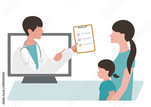 オンライン診療で母親と女の子にチェックリストを見せる医師のベクターイラスト素材
